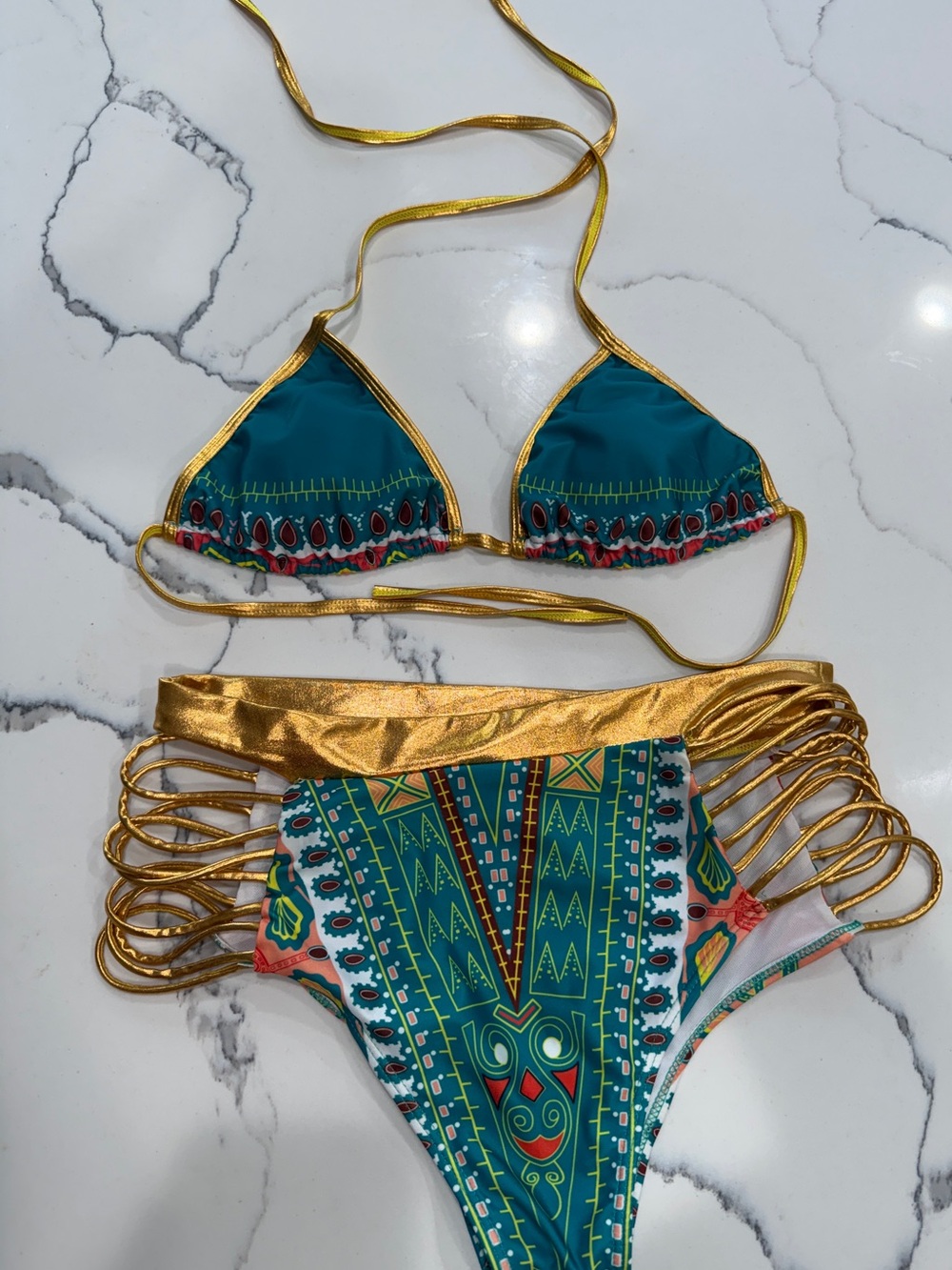 Gold-Trim Teal Patterned Bikini Set